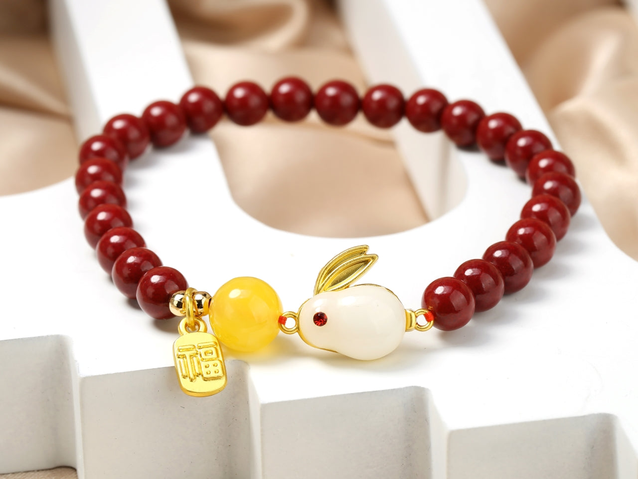 Cinnabar and Hetian white jade rabbit bracelet