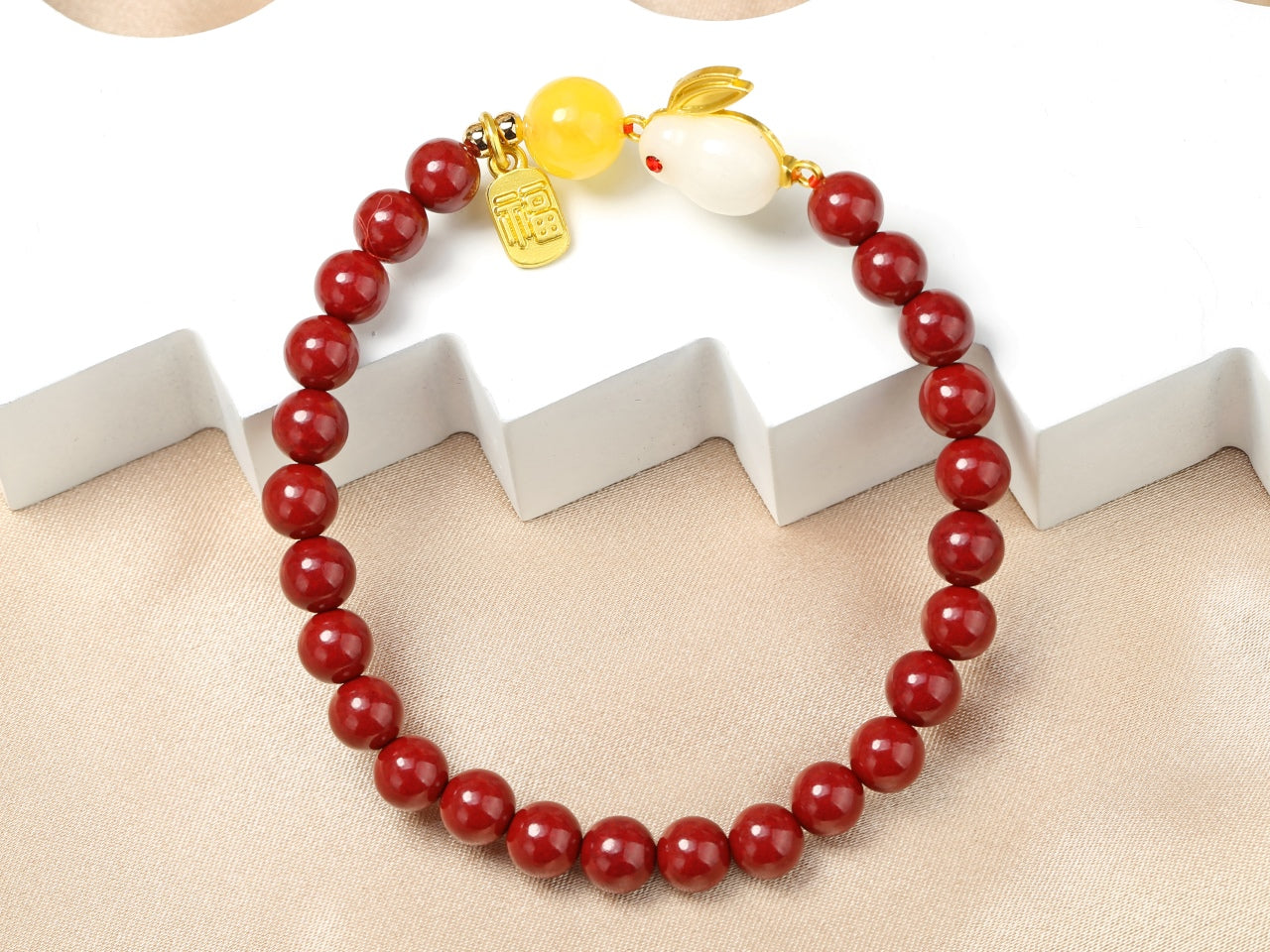Cinnabar and Hetian white jade rabbit bracelet