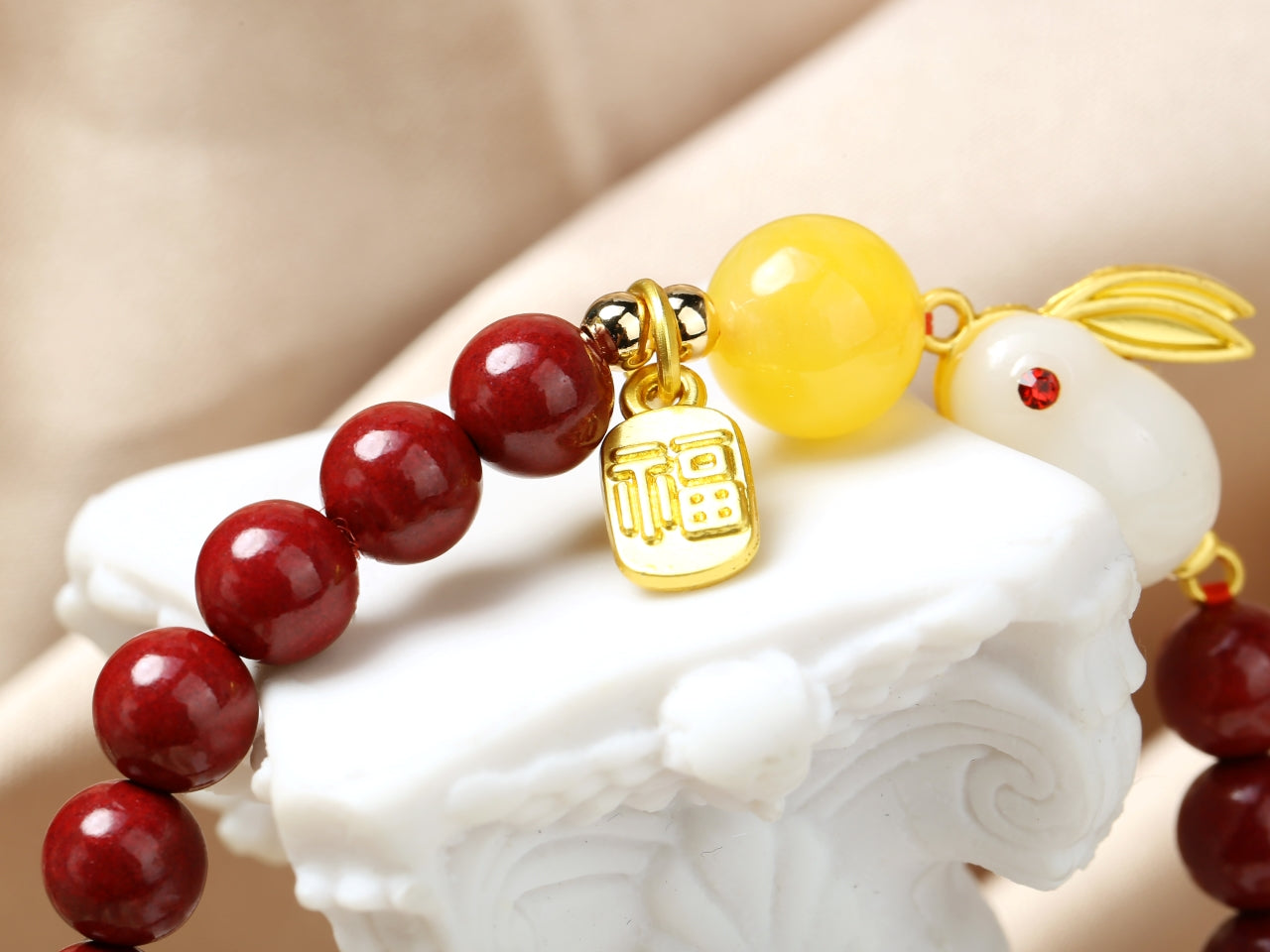Cinnabar and Hetian white jade rabbit bracelet