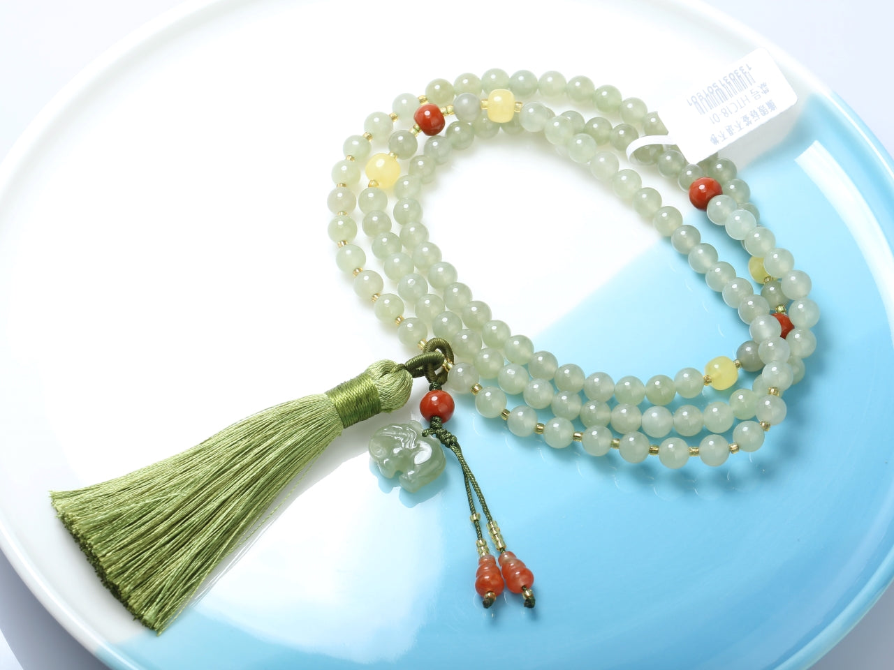 Natural Hetian Yu 108-Bead Mala Necklace | Long Fringe Pendant Lariat