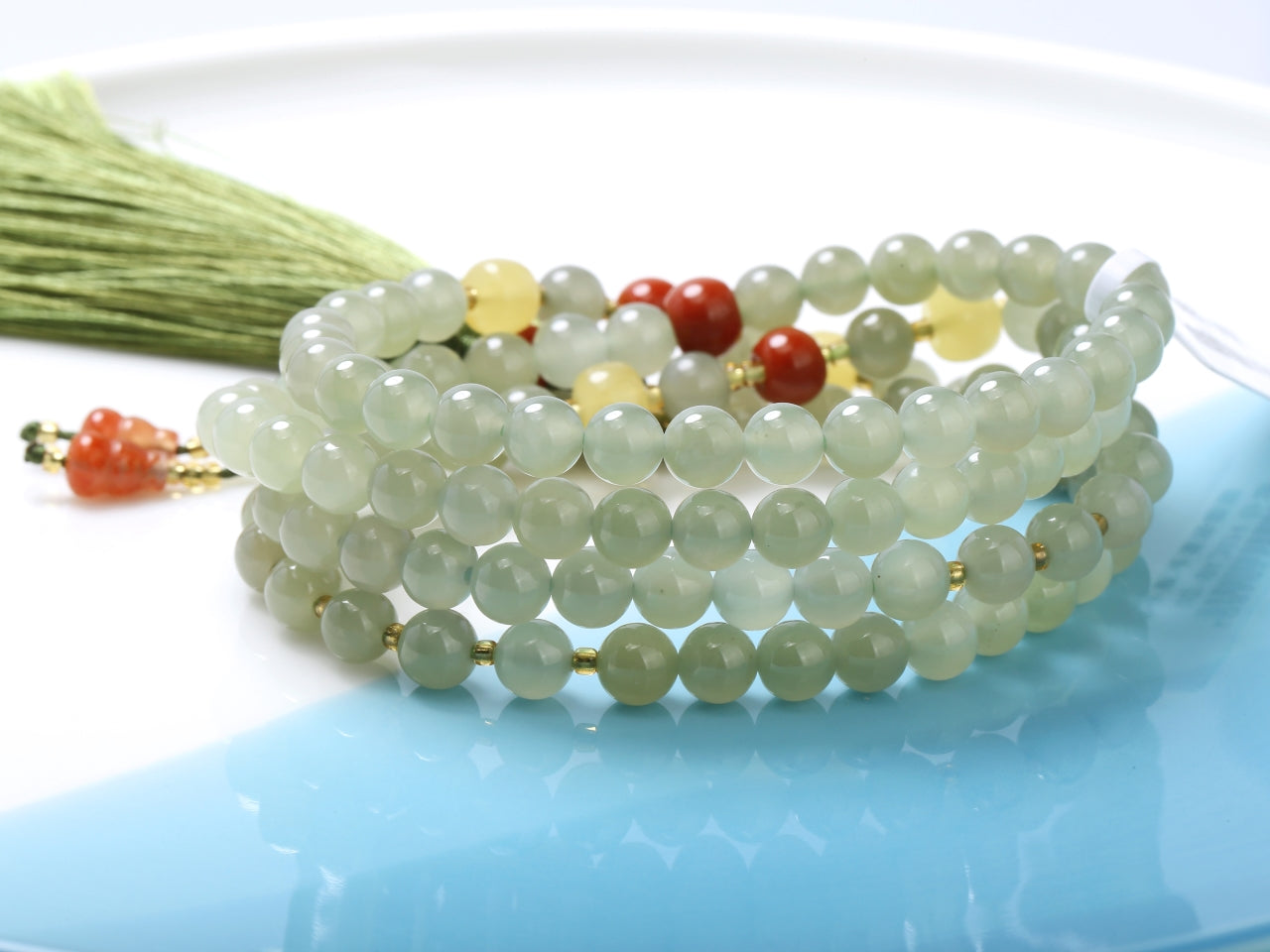 Natural Hetian Yu 108-Bead Mala Necklace | Long Fringe Pendant Lariat