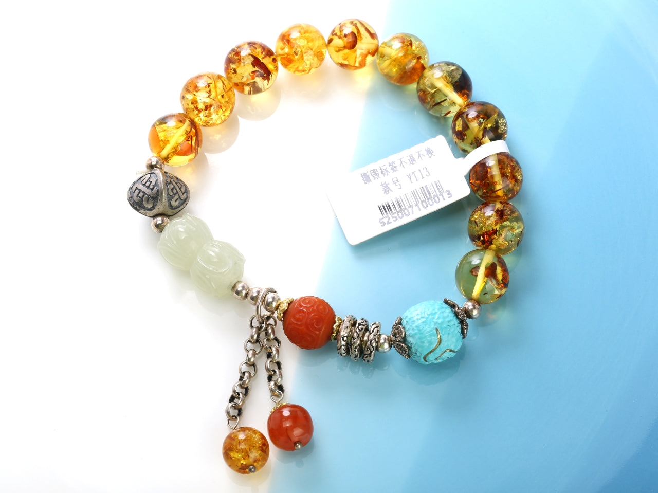 Natural Amber, Hetian Jade & Turquoise Multi-Gem Bracelet | One-of-a-Kind Collector's Piece