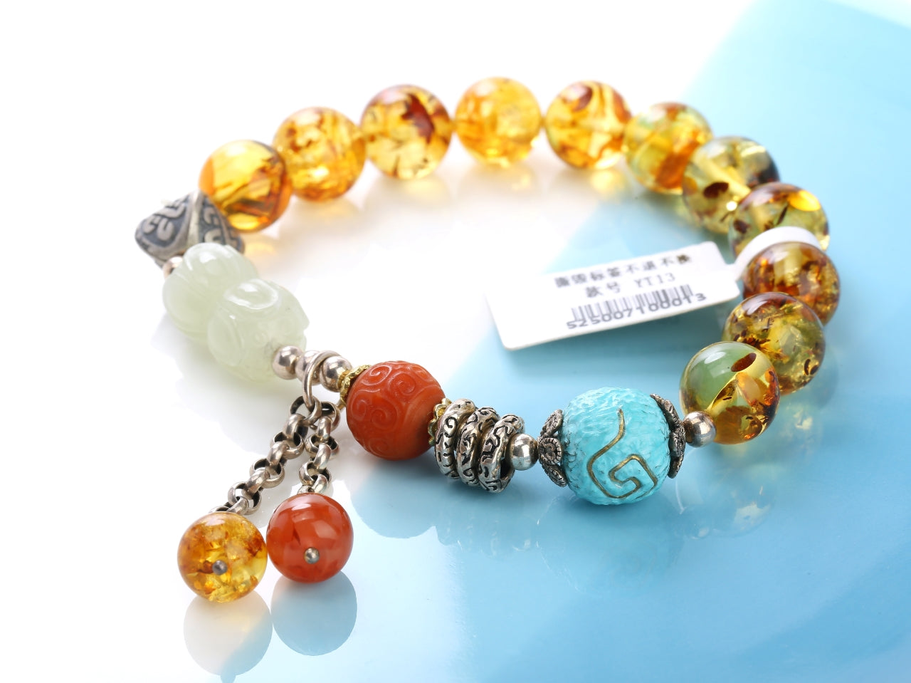 Natural Amber, Hetian Jade & Turquoise Multi-Gem Bracelet | One-of-a-Kind Collector's Piece