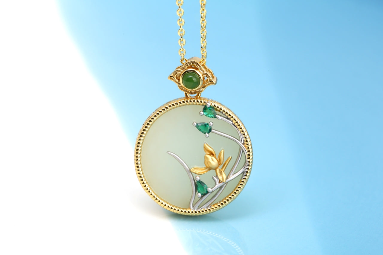 Hetian Yu "Circular Screen" Pendant | Miniature Landscape Carving | Sterling Silver