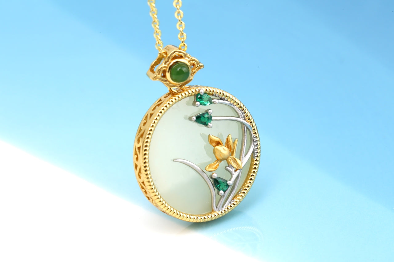 Hetian Yu "Circular Screen" Pendant | Miniature Landscape Carving | Sterling Silver