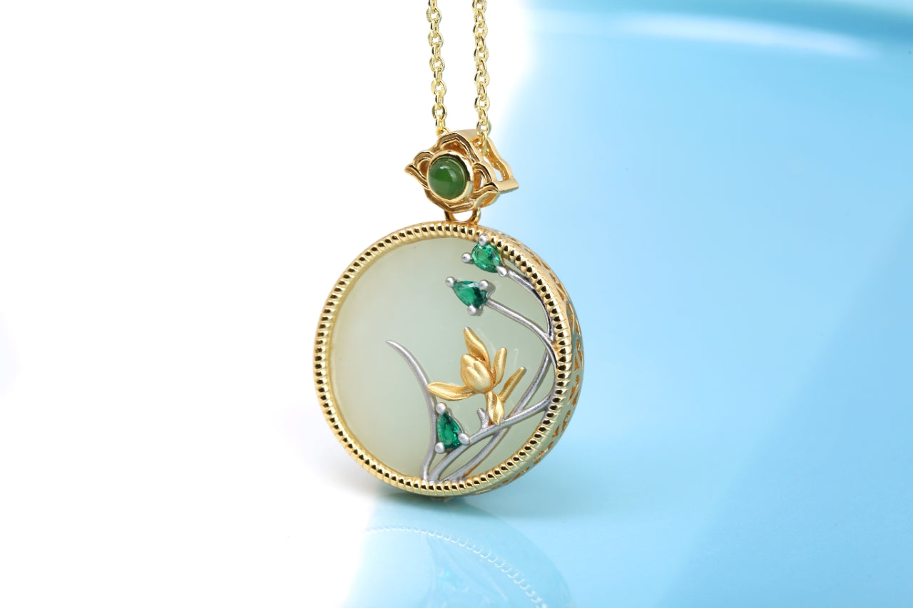 Hetian Yu "Circular Screen" Pendant | Miniature Landscape Carving | Sterling Silver