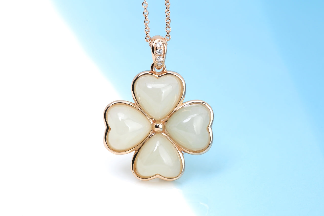 Natural Hetian Yu Jade Four-Leaf Clover Pendant | East-West Lucky Charm