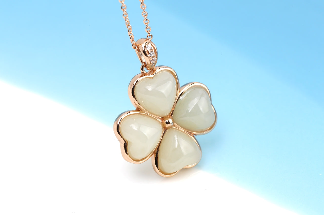 Natural Hetian Yu Jade Four-Leaf Clover Pendant | East-West Lucky Charm