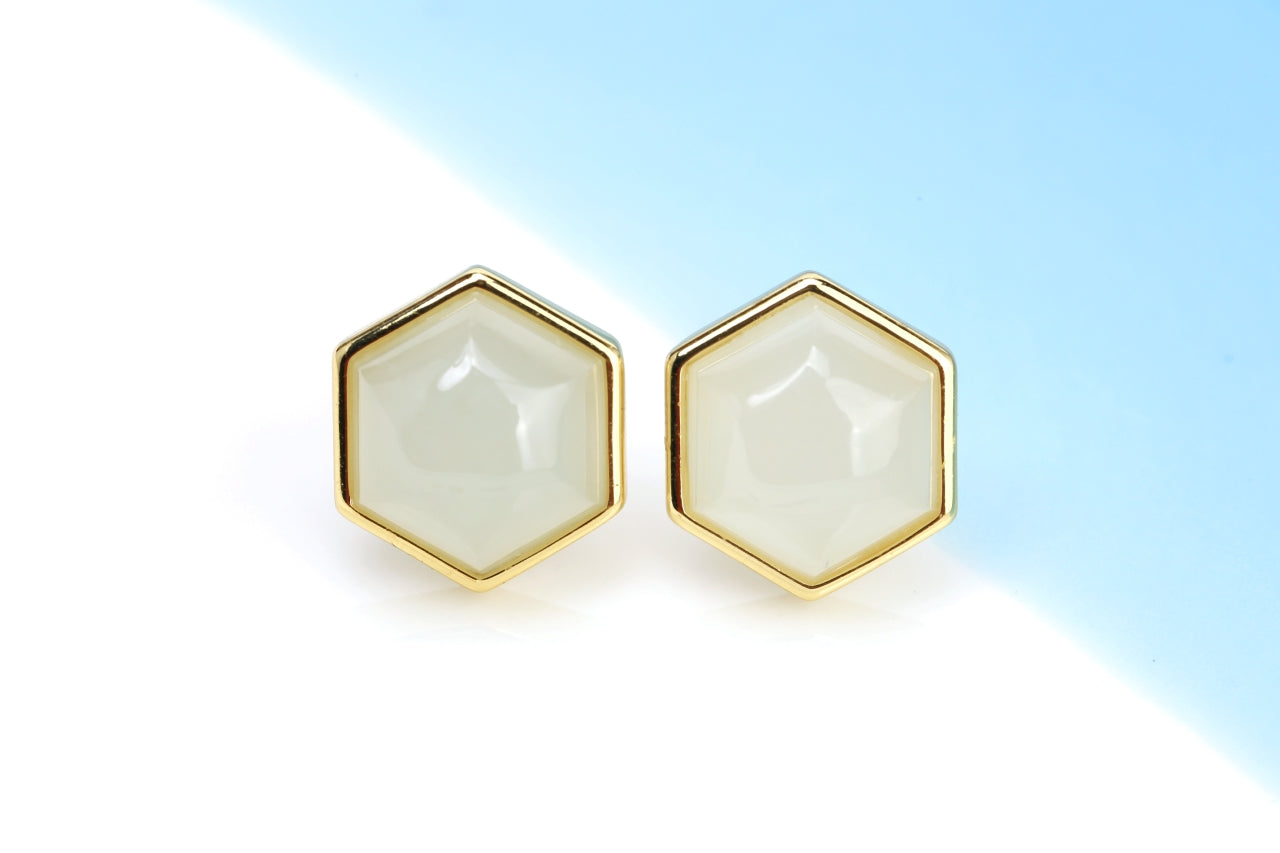 Natural Hetian Yu Jade Hexagon Stud Earrings | Geometric Modern Elegance