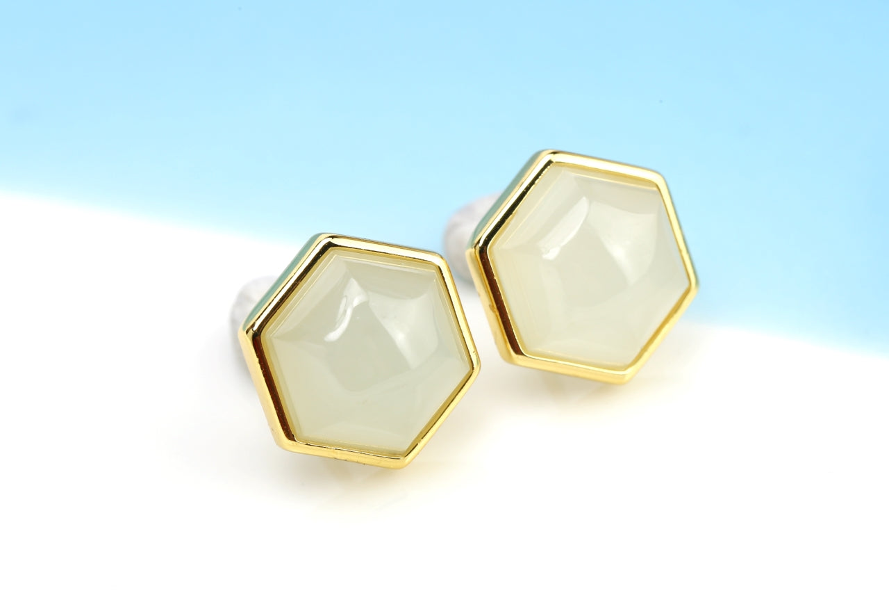 Natural Hetian Yu Jade Hexagon Stud Earrings | Geometric Modern Elegance