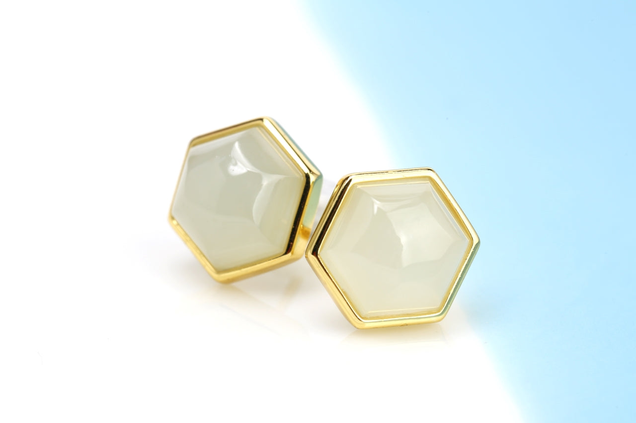 Natural Hetian Yu Jade Hexagon Stud Earrings | Geometric Modern Elegance