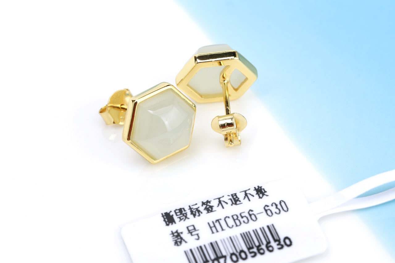 Natural Hetian Yu Jade Hexagon Stud Earrings | Geometric Modern Elegance