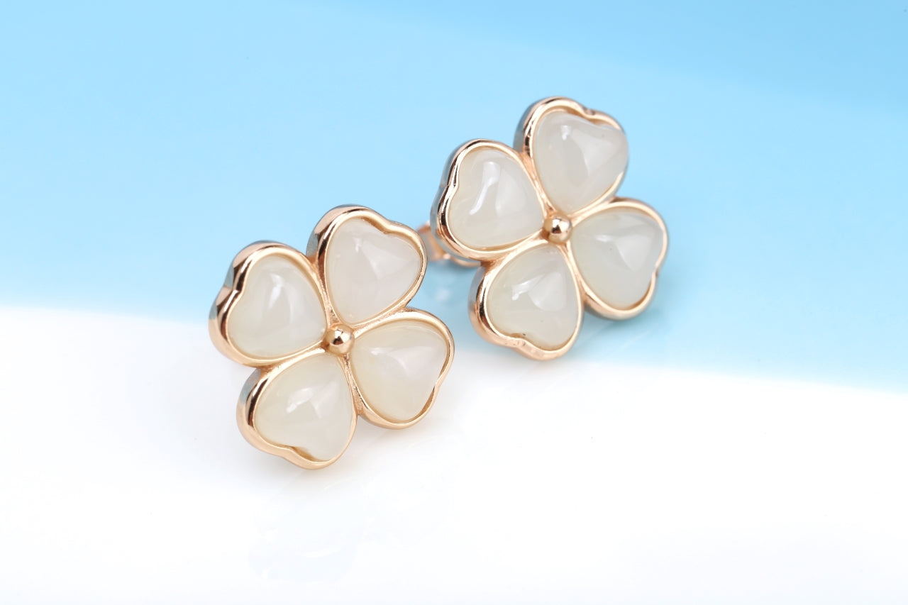 Natural Hetian Yu Jade Four-Leaf Clover Stud Earrings | Lucky Charm in Sterling Silver