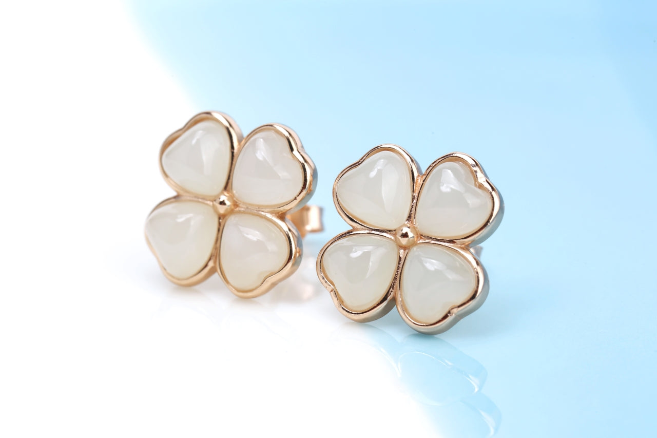 Natural Hetian Yu Jade Four-Leaf Clover Stud Earrings | Lucky Charm in Sterling Silver