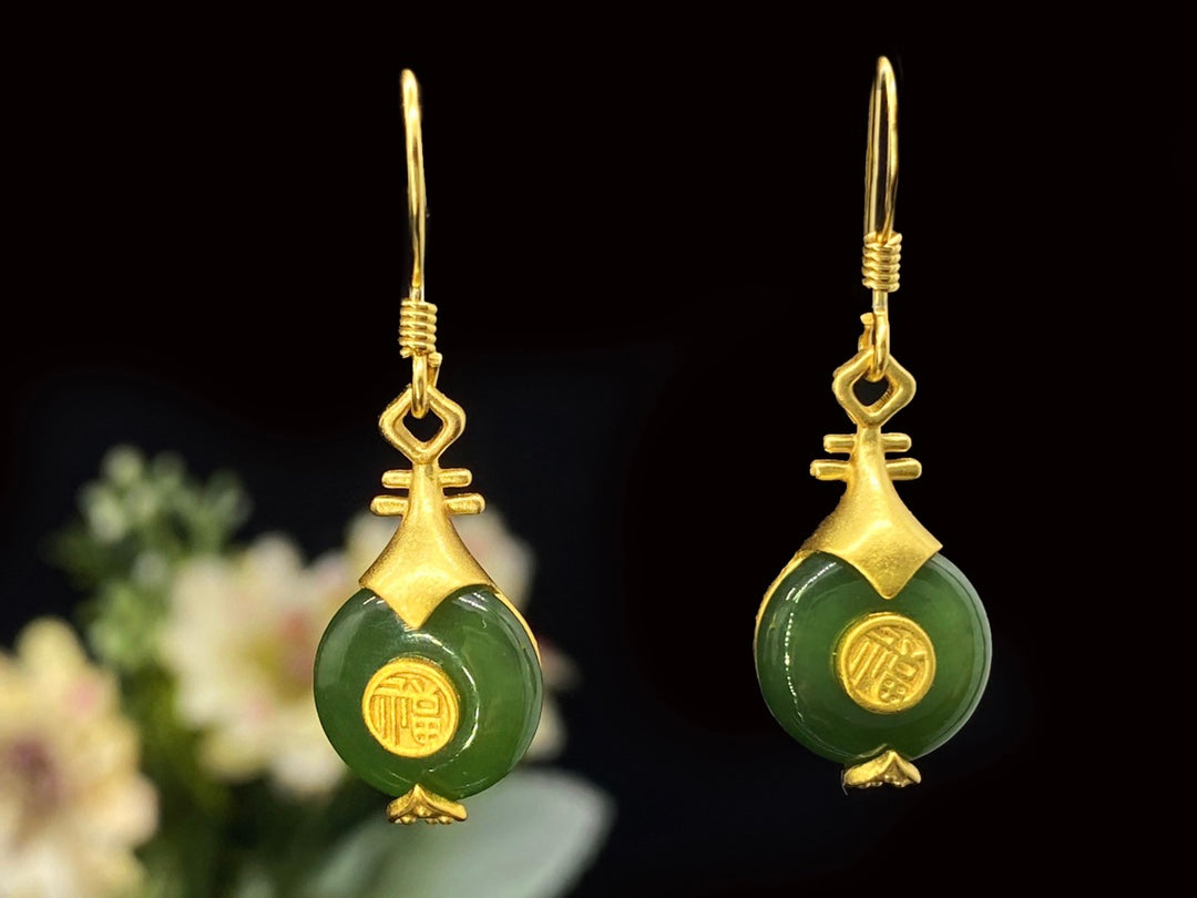 Sterling Silver &Hetian Jade Pipa Earrings