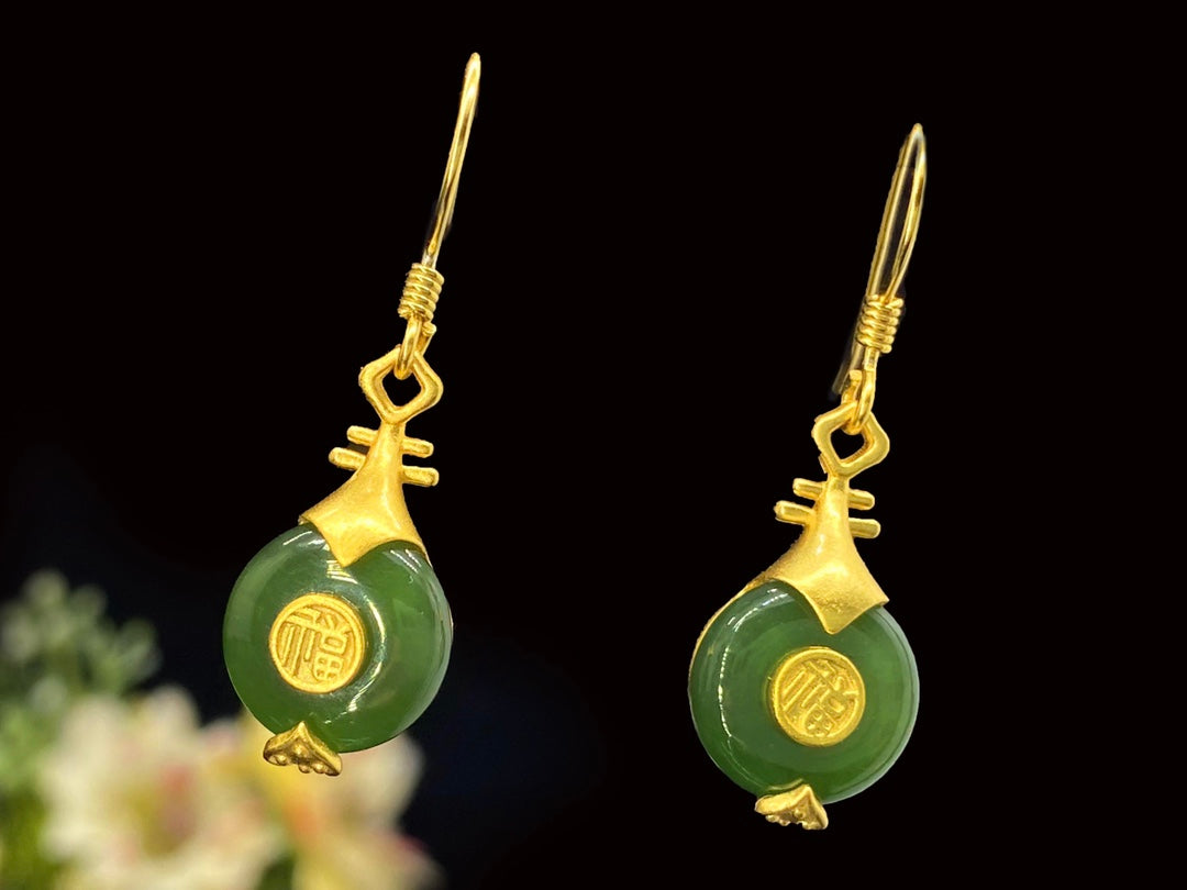 Sterling Silver &Hetian Jade Pipa Earrings