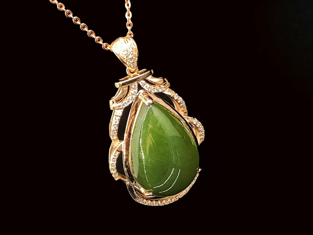 Sterling Silver & Hetian Jade Spinach Green Pendant