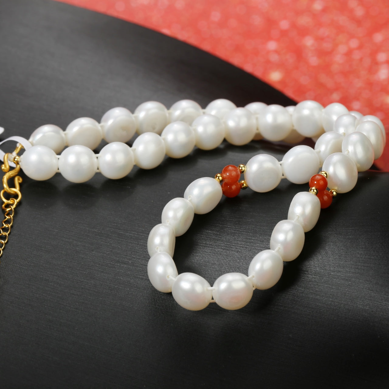 Sterling Silver Pearl South Red Agate 3 Necklace