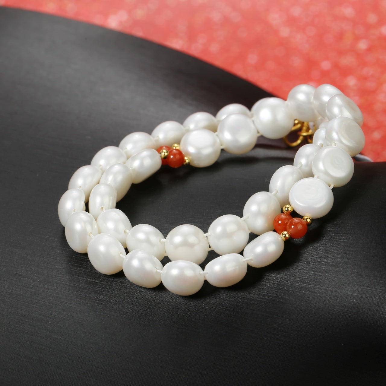 Sterling Silver Pearl South Red Agate 3 Necklace