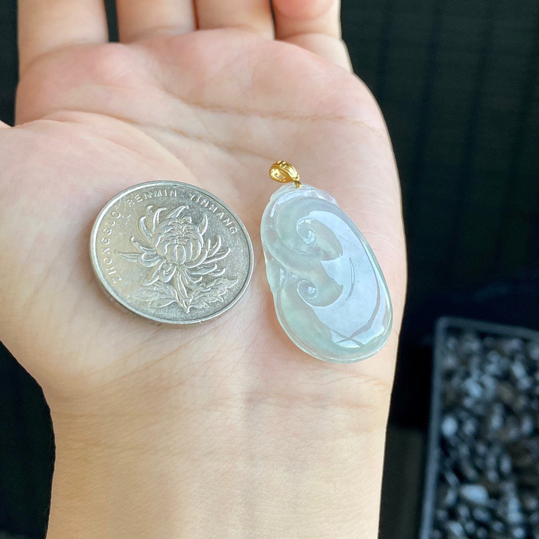 18K Gold Icy Jadeite Leaf/Ruyi Pendant