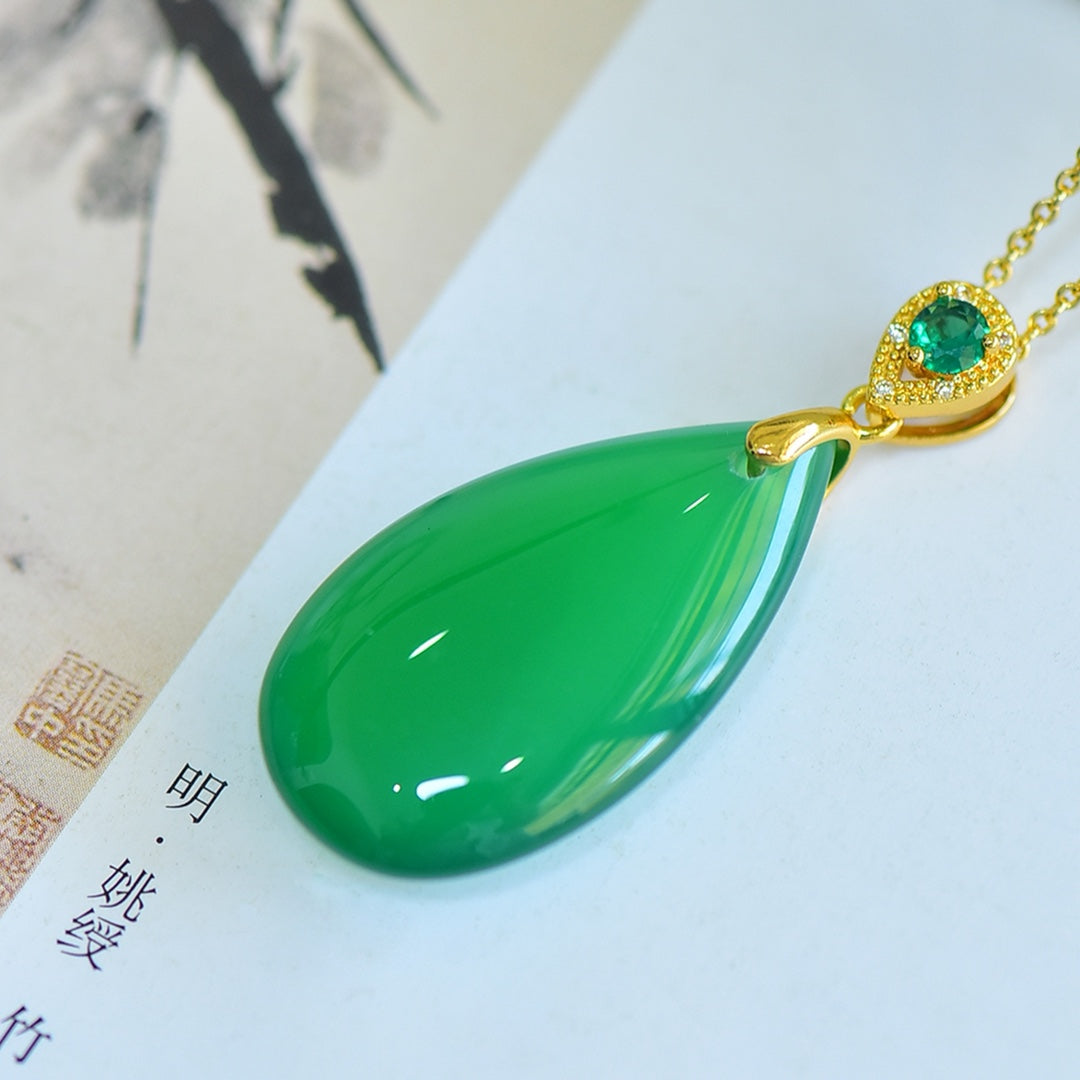 Inlaid Green Chalcedony "Water Drop" Pendant