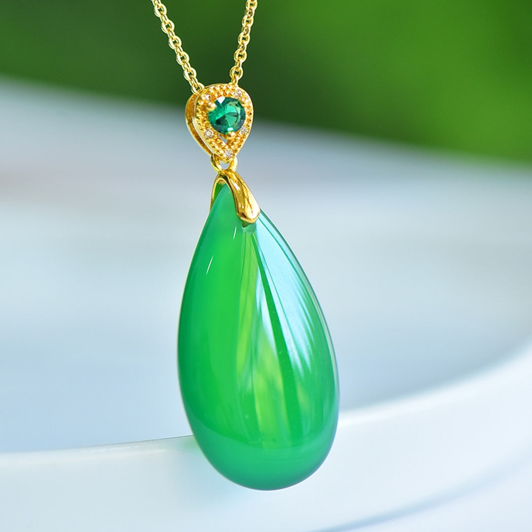 Inlaid Green Chalcedony "Water Drop" Pendant