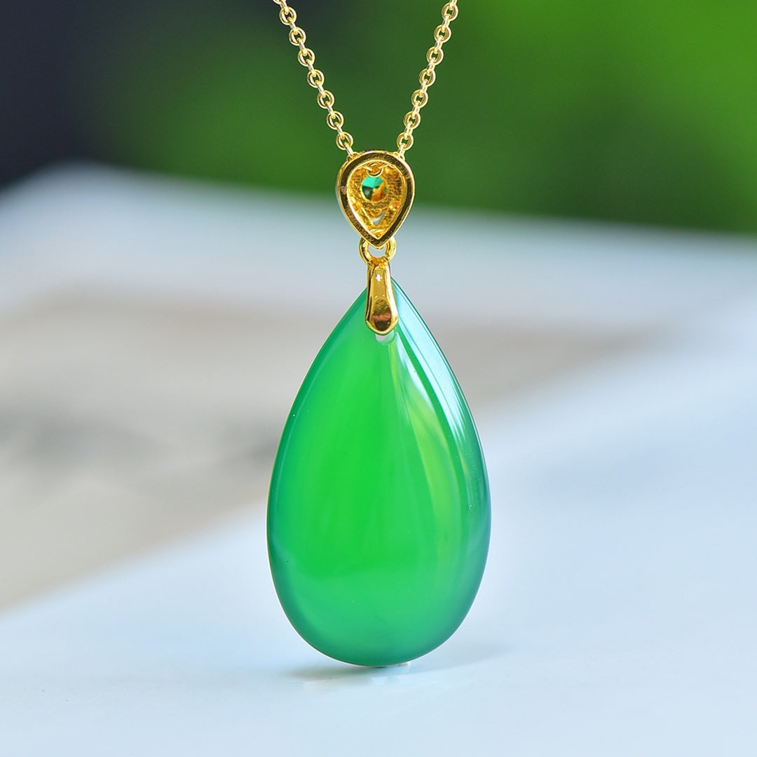 Inlaid Green Chalcedony "Water Drop" Pendant