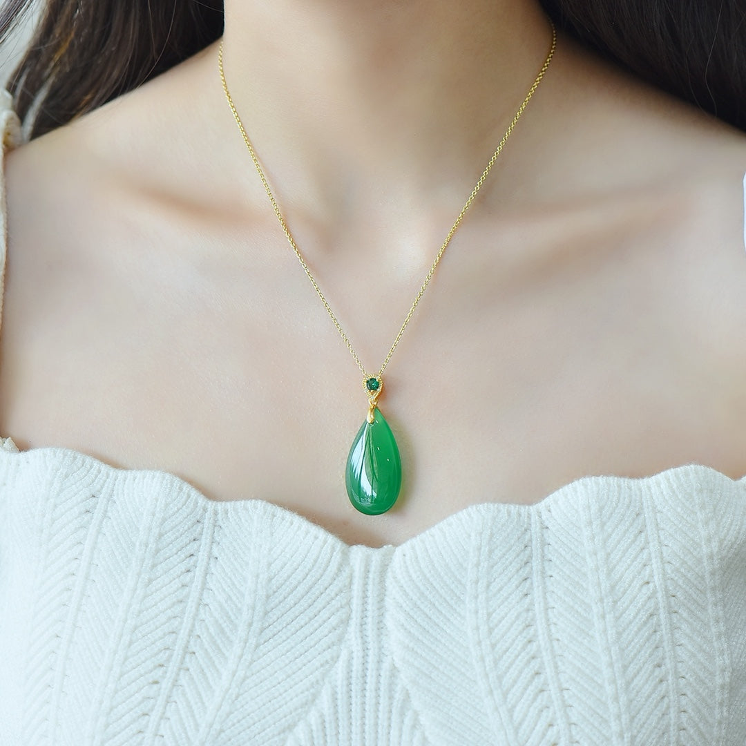 Inlaid Green Chalcedony "Water Drop" Pendant