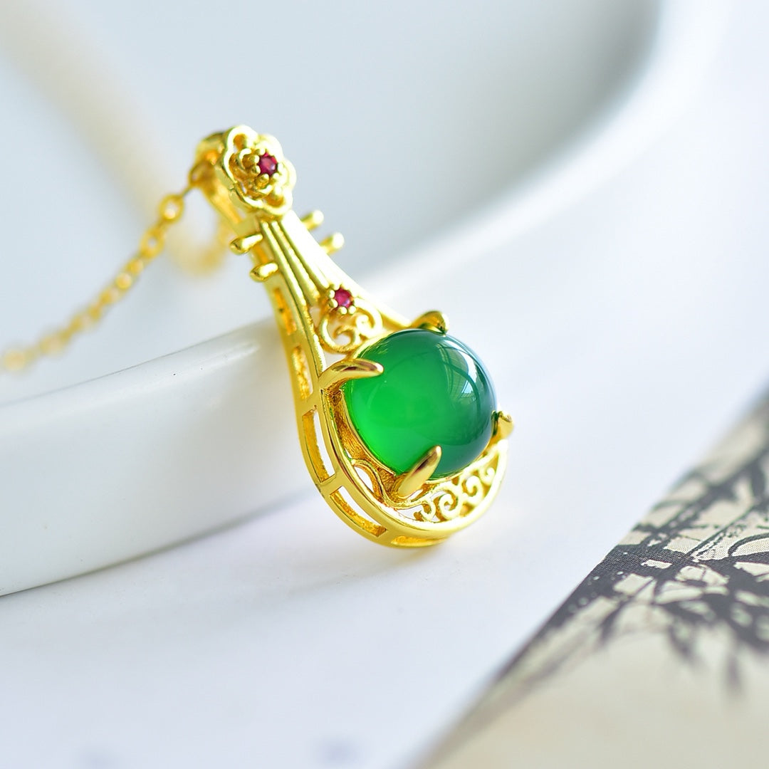 Inlaid Green Chalcedony "Pipa (Lute)" Pendant