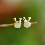 White Nephrite Jade Rabbit Stud Earrings &nbsp;