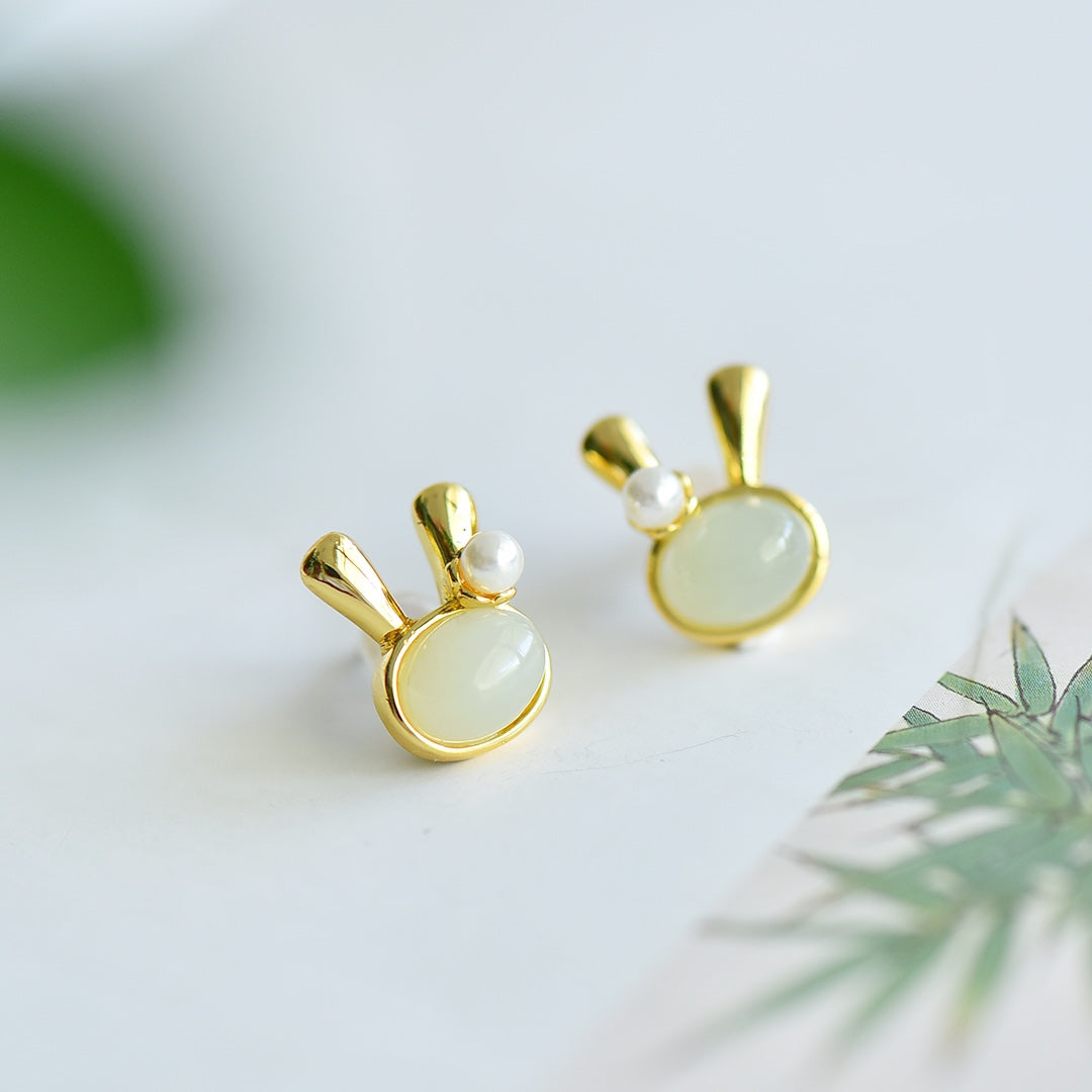 White Nephrite Jade Rabbit Stud Earrings &nbsp;