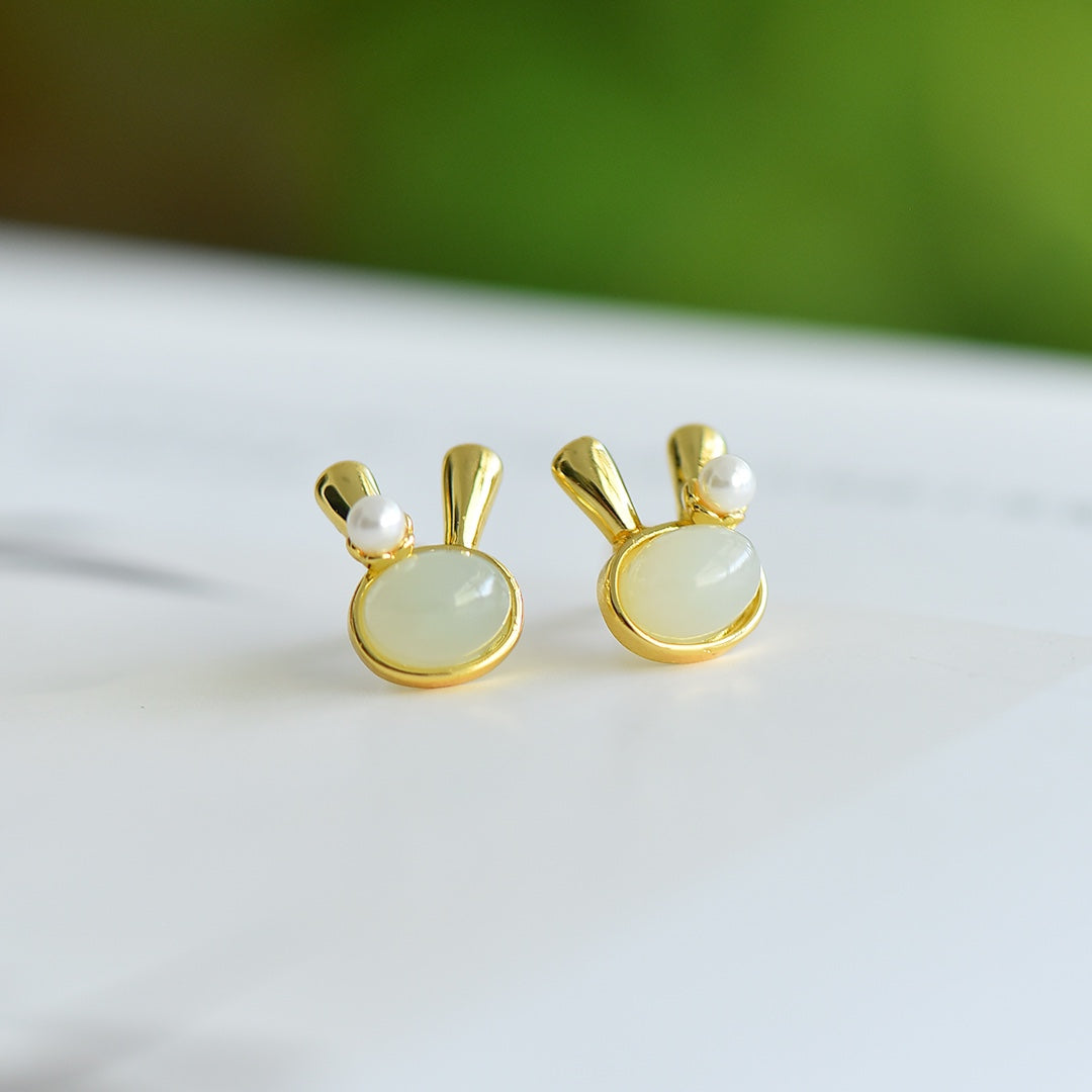 White Nephrite Jade Rabbit Stud Earrings &nbsp;
