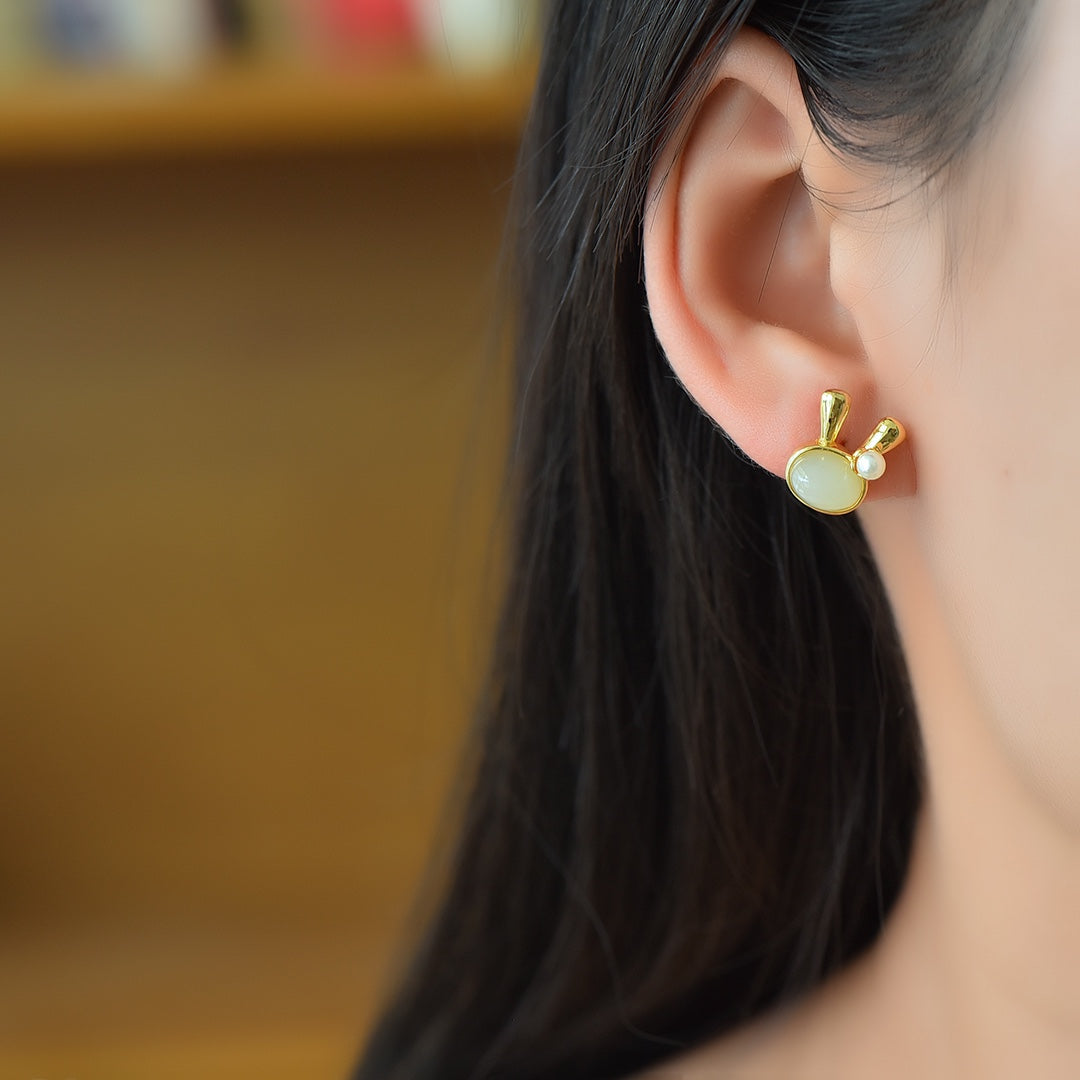 White Nephrite Jade Rabbit Stud Earrings &nbsp;