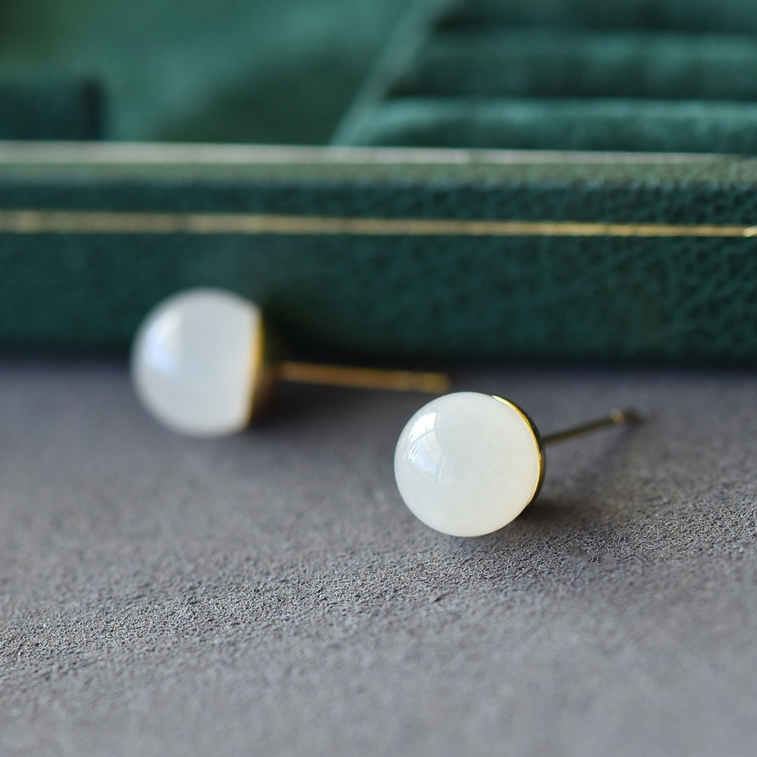 Inlaid White Nephrite Jade Stud Earrings &nbsp;