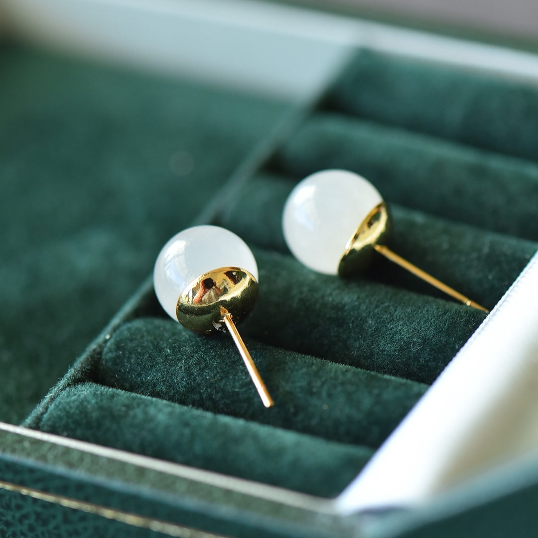 Inlaid White Nephrite Jade Stud Earrings &nbsp;