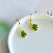 White Nephrite Jade Cabochon Openwork Filigree Dangle Earrings