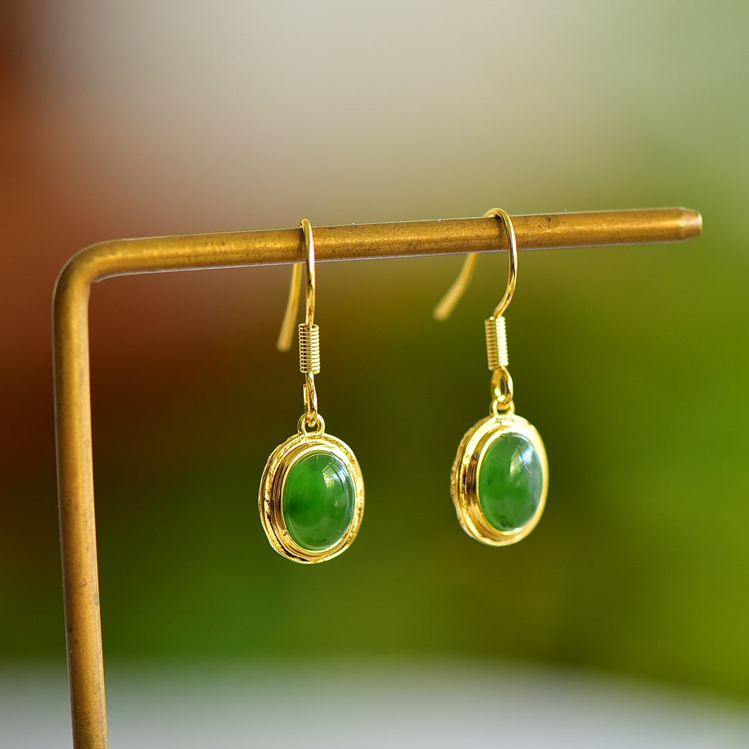 White Nephrite Jade Cabochon Openwork Filigree Dangle Earrings