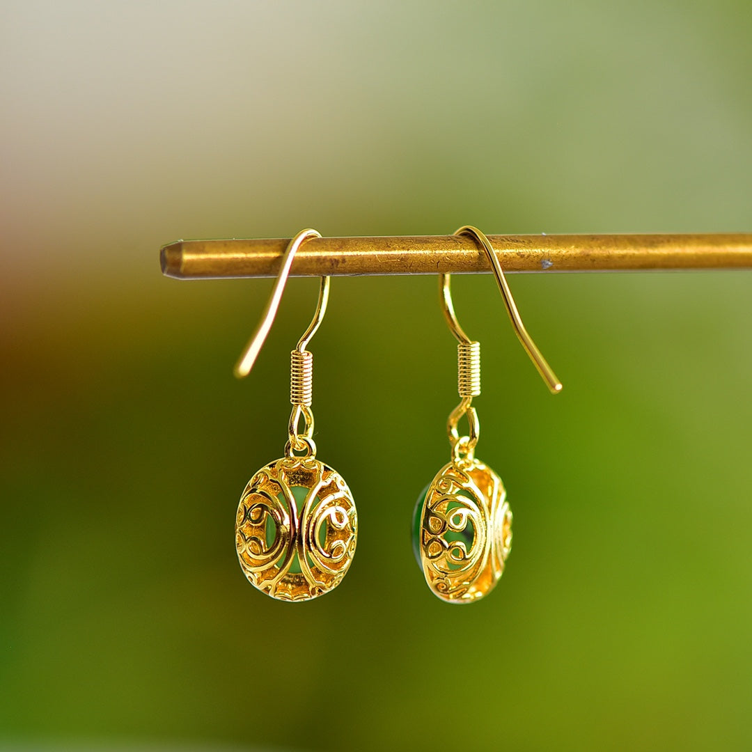 White Nephrite Jade Cabochon Openwork Filigree Dangle Earrings