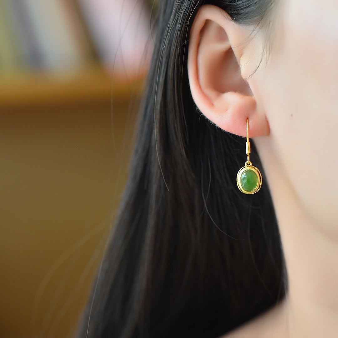 White Nephrite Jade Cabochon Openwork Filigree Dangle Earrings