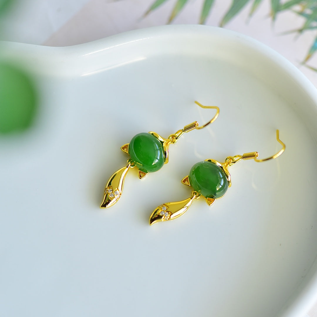 White Nephrite Jade Cabochon Fox Dangle Earrings