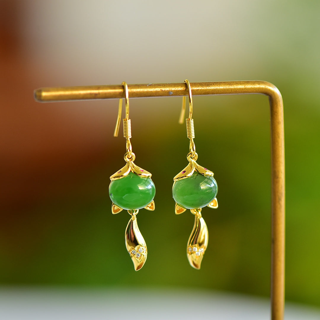 White Nephrite Jade Cabochon Fox Dangle Earrings
