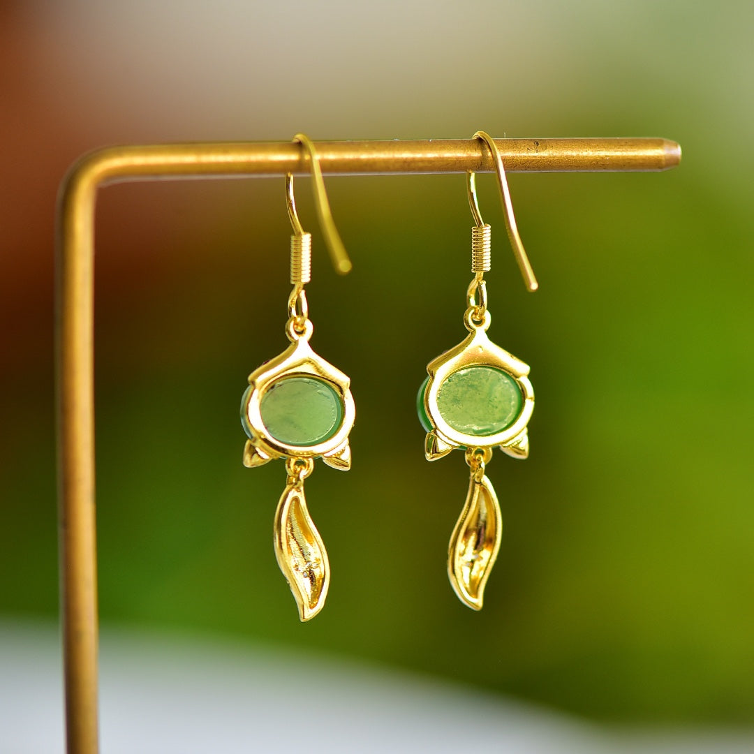 White Nephrite Jade Cabochon Fox Dangle Earrings