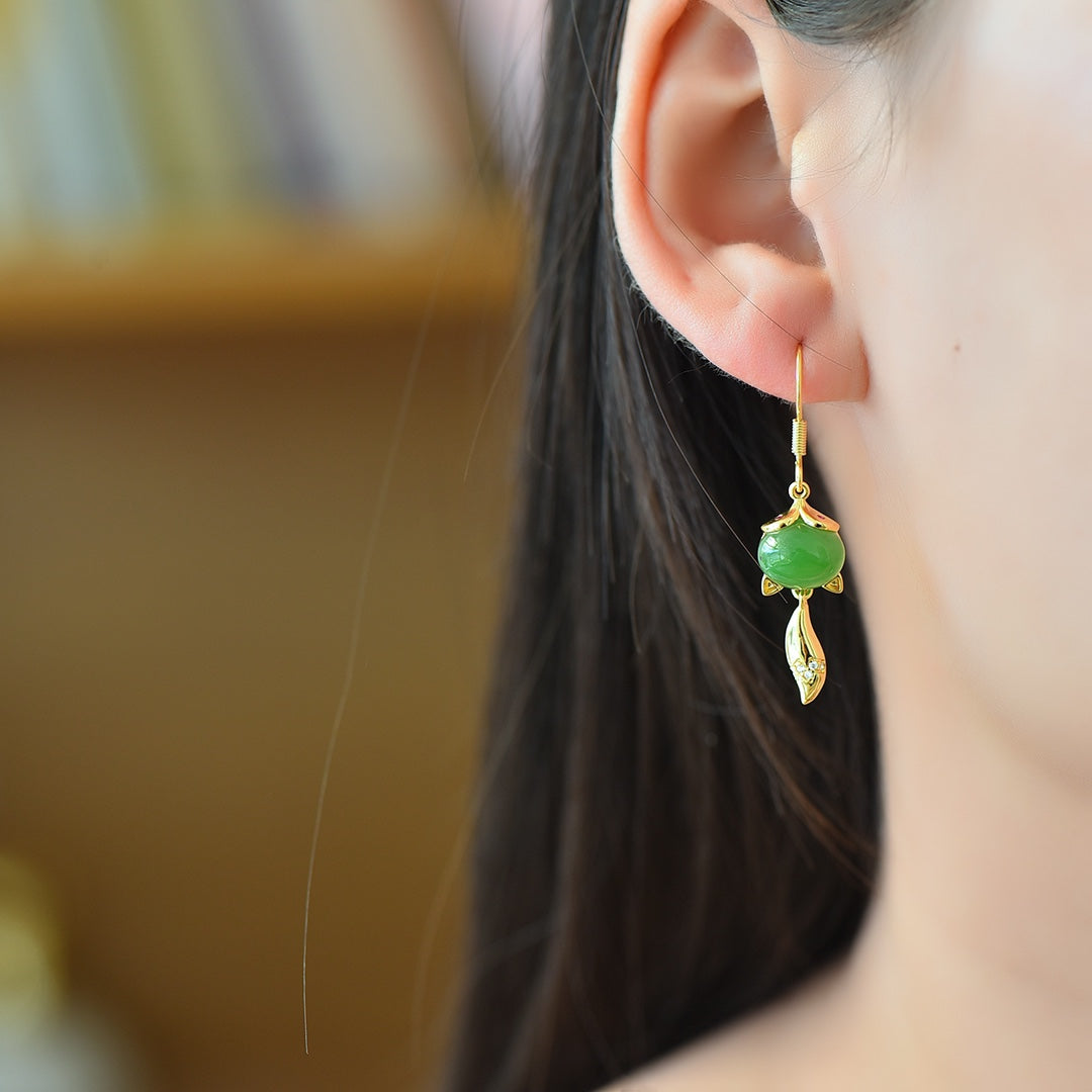 White Nephrite Jade Cabochon Fox Dangle Earrings