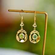 White Nephrite Jade Round Drum-Shaped Cabochon &amp; Auspicious Cloud Enamel Dangle Earrings &nbsp;