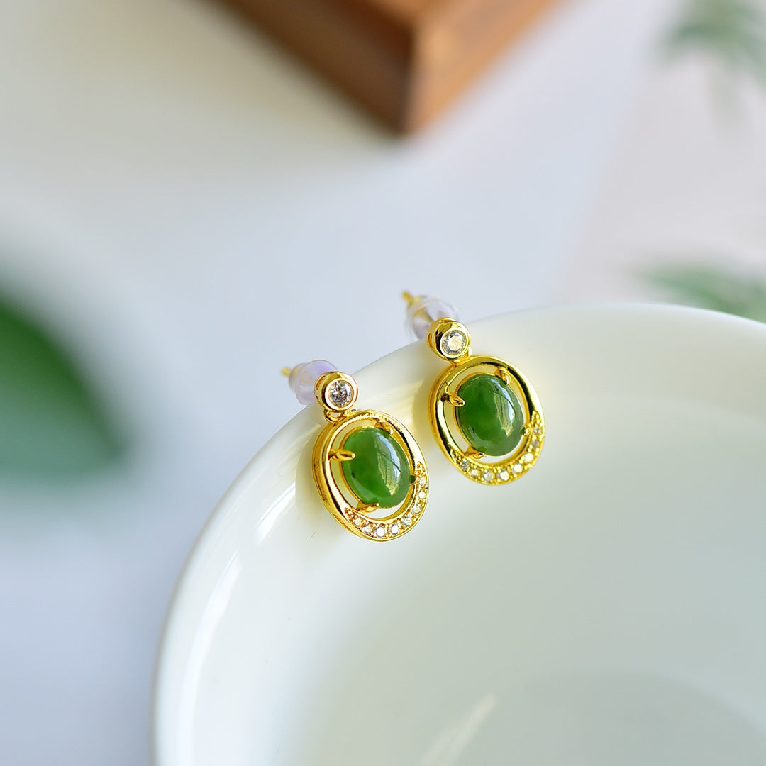 White Nephrite Jade Round Drum-Shaped Cabochon &amp; Auspicious Cloud Enamel Dangle Earrings &nbsp;