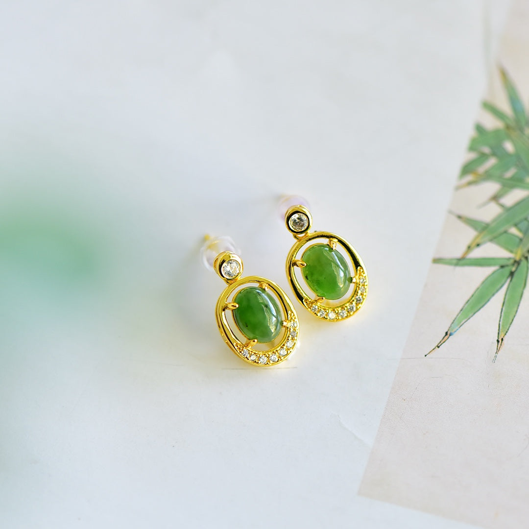 White Nephrite Jade Round Drum-Shaped Cabochon &amp; Auspicious Cloud Enamel Dangle Earrings &nbsp;