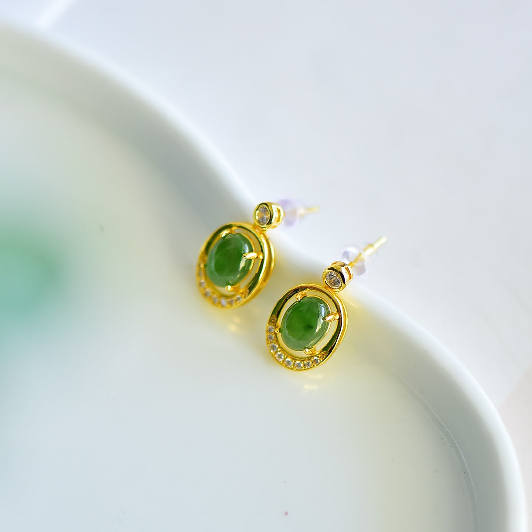 White Nephrite Jade Round Drum-Shaped Cabochon &amp; Auspicious Cloud Enamel Dangle Earrings &nbsp;