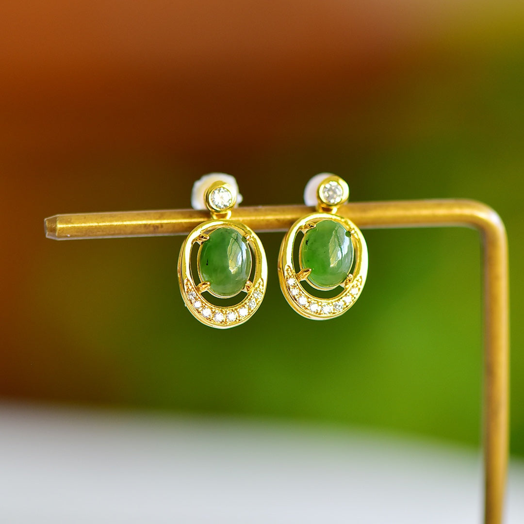 White Nephrite Jade Round Drum-Shaped Cabochon &amp; Auspicious Cloud Enamel Dangle Earrings &nbsp;