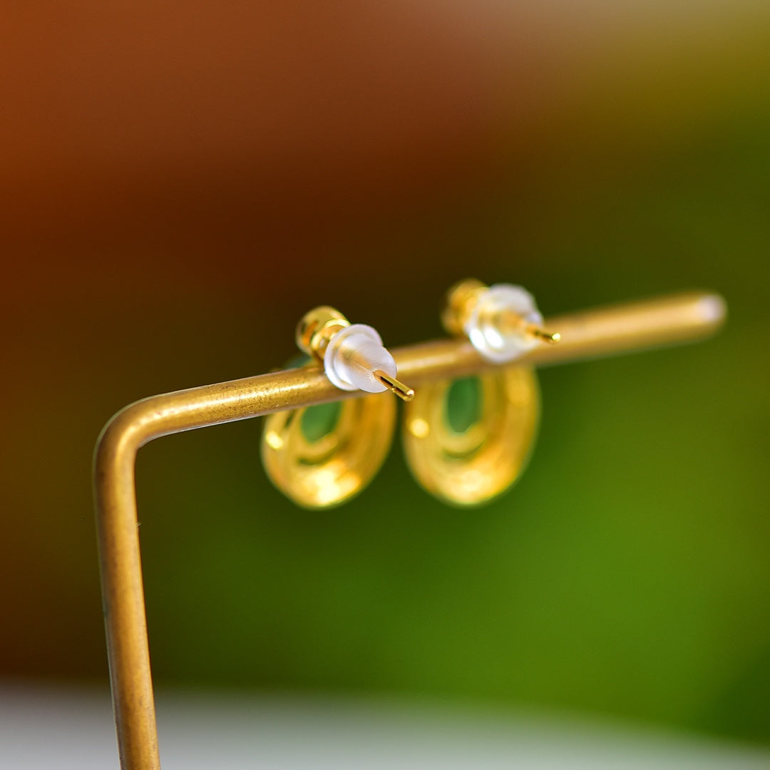 White Nephrite Jade Round Drum-Shaped Cabochon &amp; Auspicious Cloud Enamel Dangle Earrings &nbsp;