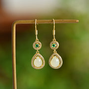 White Nephrite Jade Water Drop Shape Full Diamond-Embellished Dangle Earrings &nbsp;